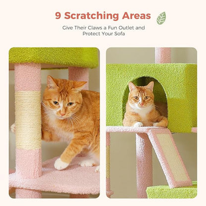 MUTTROS Flower Cat Tree Tall 70.8" for Adult Indoor Cats, 8-Levels Large Cat Tower with 8 Sisal Posts, 2 Hammocks, 2 Condos, Big Perch & 3 Pom Poms for Multi-Cats Household – Carpet Pink