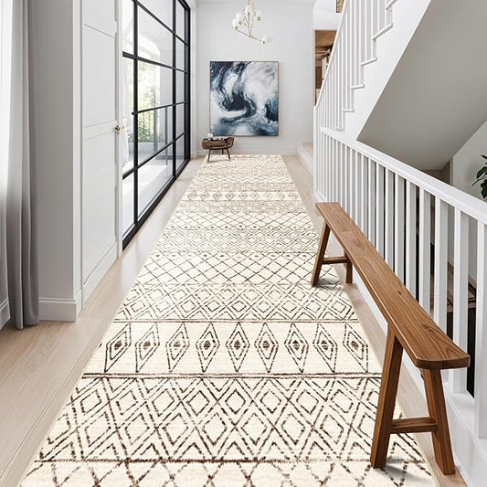 2'6"x14' Hallway Runner Rug Washable: Moroccan Non Slip Runner Rugs Low Pile Indoor Floor Mats Long Moroccan with Rubber Backing Soft Farmhouse Carpet for Front Door Entryway 2'6"x14' Geo Beige