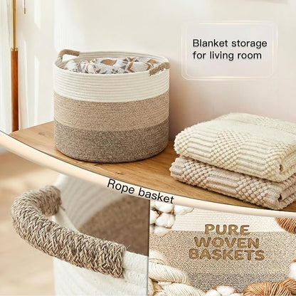 100L Large Cotton Rope Basket, Decorative Woven Blanket Storage for Living Room, Boho Toy Storage & Toy Box for Kids, Versatile Laundry Basket & Nursery Hamper for Blankets(BrownYellow)