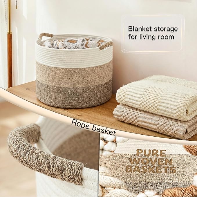 40L Large Cotton Rope Basket, Decorative Woven Blanket Storage for Living Room, Boho Toy Storage & Toy Box for Kids, Versatile Laundry Basket & Nursery Hamper for Blankets(Brownyellow)