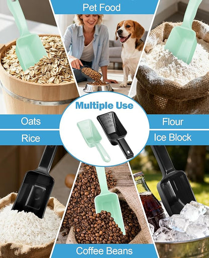 2-Pack Dog Food Scoop Set,1 Cup and 2 Cup Plastic Pet Food Measuring Scoops with Clear Measurement Lines,Multi-Purpose Pet Food Scooper for Dogs, Cats (Green and Black)