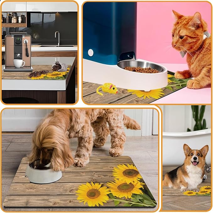 Dog Food Mats for Floors Absorbent, Cat Food Mat - Pet Cat Feeding Mat Quick Dry, Dog Bowl Mats for Water, Pet Supplies Feeding Placemat 12" x 20" Wood Grain Sunflower