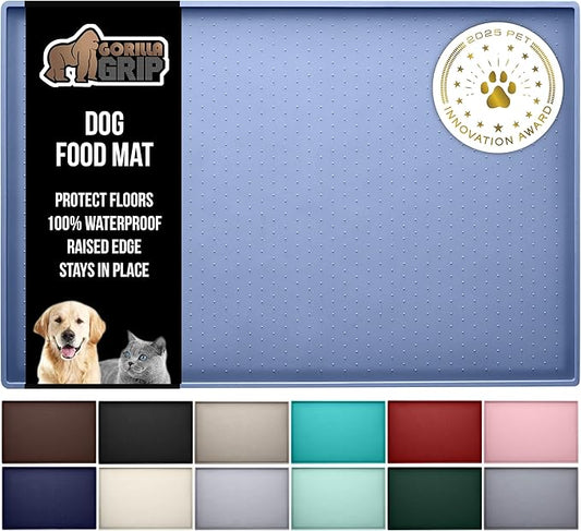 GORILLA GRIP 100% Waterproof Raised Edge BPA Free Silicone Pet Feeding Mat, Dog Cat Food Mats Contain Spills Protects Floors, Placemats for Cats and Dogs Water Bowl, Pets Accessories 32x24 Blue
