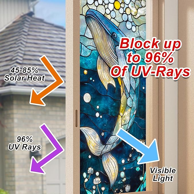 Ocean Whale Mosaic Window Film 18 x 39 Inch Stained Glass Window Cling PVC Privacy Wall Panel Glass Art Underwater Background Indoor Seasonal Backdrop Home Decor