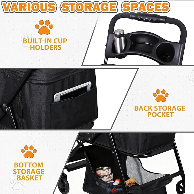4 Wheels Foldable Pet Dog Cat Jogger Stroller Travel Carrier Strolling Cart w/Waterproof Cover Storage Basket Cup Holder & Detachable Carrier for Medium Small Cat Dog, Black