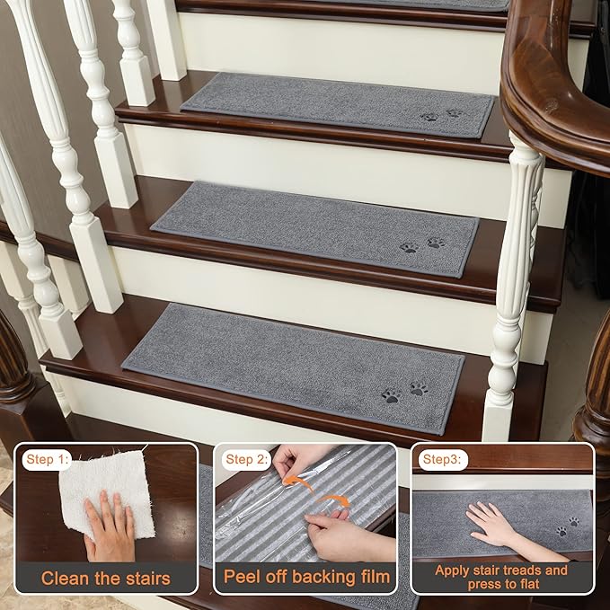BEQHAUSE Stair Treads for Wooden Steps 28inX9in, Non Slip Carpet Stair Treads Indoor Stair Runners Machine Washable, Soft Stair Rugs Mat Surface Polyester TPE Backing, 15pcs, Grey