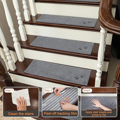 BEQHAUSE Stair Treads for Wooden Steps 28inX9in, Non Slip Carpet Stair Treads Indoor Stair Runners Machine Washable, Soft Stair Rugs Mat Surface Polyester TPE Backing, 15pcs, Grey