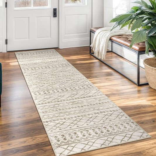 KUTA Boho Runners for Hallways 2x7 Beige Navy Blue Moroccan Washable Runner Rug Non-Slip Vintage Kitchen Rugs Ultra Soft Geometric Floor Carpet for Bedroom Laundry Living Room