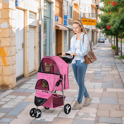LEMY Foldable Pet Stroller,3 Wheels Cat/Dog Stroller with Weather Cover for Small/Medium Dogs and Cats,Pink Pet Strolling Cart with Storage Basket and Cup Holder