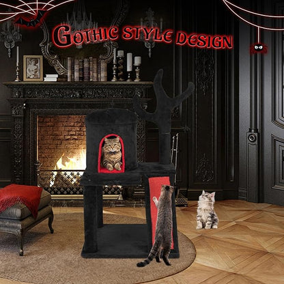 VINGLI 41.8in Gothic Cat Tree, Halloween Cat Tower for Indoor Cats with Dome Cat Condo, Branch Shaped Sisal Scratching Post, Ladder Scratcher & Hanging Spider Toy, Red & Black Cat Furniture