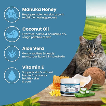 Cat Paw Balm Cat Cream 4 oz: Hot Spot Treatment for Cats Dermatitis, Mange Treatment, Cat Itchy Skin Relief for Dry Skin, Pet Wound Care, Natural Allergy Relief with Manuka Honey, Aloe Vera, Vitamin E