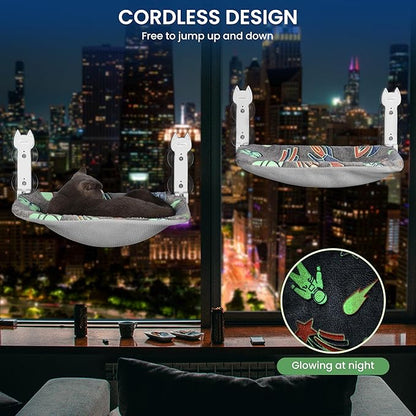 2 Pack Cat Window Perch, Glow in The Dark Foldable Cat Hammock with Sunken Design & Removable Soft Cover, Breathable Cordless Window Bed for Resting Indoor Kitten (Shallow Perch, 2 Pack - M)