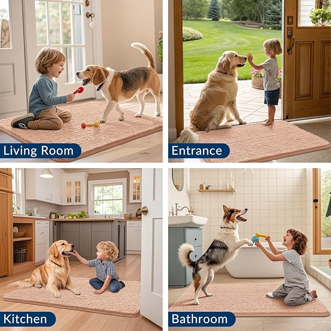 Smiry Dog Door Mat for Muddy Paws 48x30, Absorbs Moisture and Dirt Doormat, Non-Slip Washable Quick Dry Chenille Front Door Mat Indoor Entrance, Entryway Carpet for Inside Floor, Peach