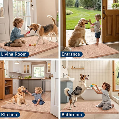 Smiry Dog Door Mat for Muddy Paws 30x20, Absorbs Moisture and Dirt Doormat, Non-Slip Washable Quick Dry Chenille Front Door Mat Indoor Entrance, Entryway Carpet for Inside Floor, Peach