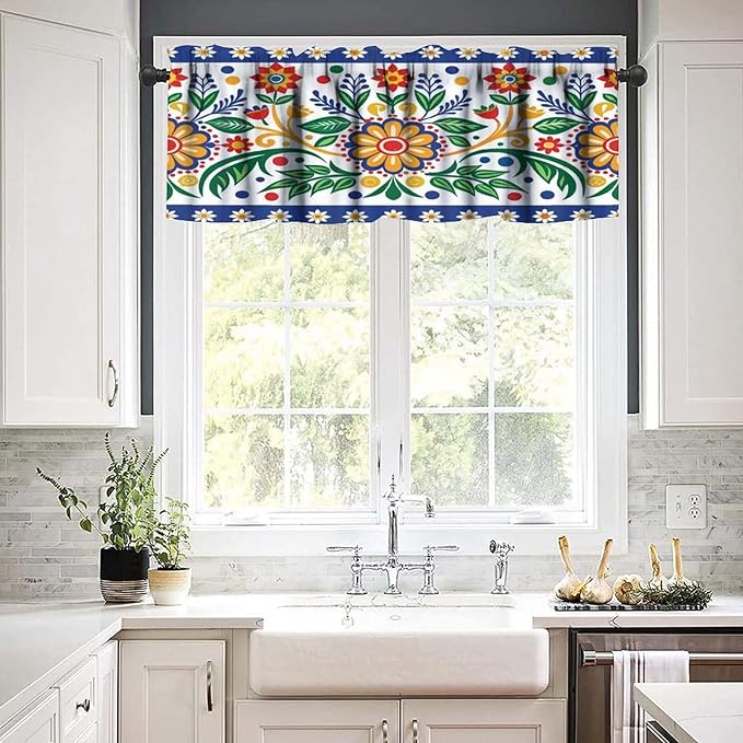 Mexico Valance Curtains Rustic Ethnic Style Dia De Los Muertos Culture Pattern Window Treatment Valances Short Curtains Rod Pocket Drape for Dining Room Home Kitchen Decor, 54x18inch