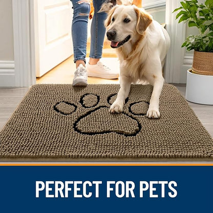 OLANLY Dog Door Mat for Muddy Paws 47x24, Paw Print Design, Absorbs Moisture and Dirt, Absorbent Non-Slip Washable Doormat, Quick Dry Chenille Mud Mat for Dogs, Entry Indoor Entryway Carpet, Tan