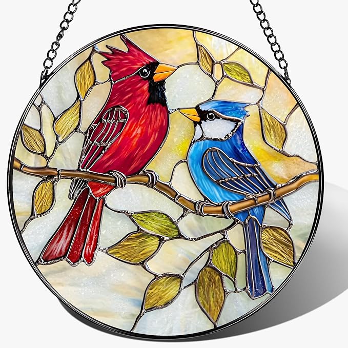 8″ Cardinal & Blue Jay Suncatcher, Stained Glass Window Hanging & Ornament, Window Decor, Holiday & Christmas Ornaments | Bird Lover Gifts, Gifts Exchange, Gift Ideas