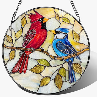 8″ Cardinal & Blue Jay Suncatcher, Stained Glass Window Hanging & Ornament, Window Decor, Holiday & Christmas Ornaments | Bird Lover Gifts, Gifts Exchange, Gift Ideas