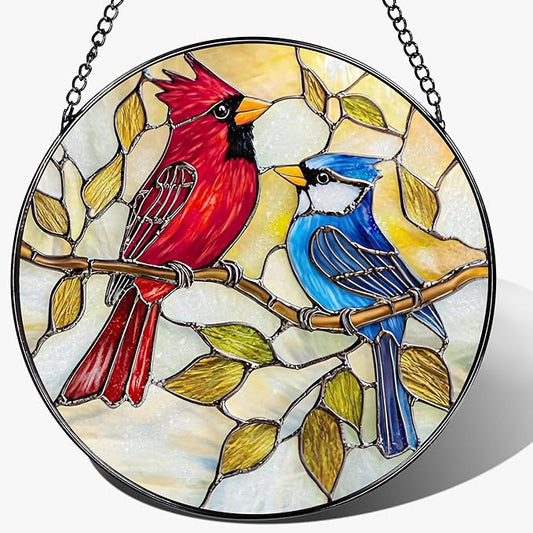 8″ Cardinal & Blue Jay Suncatcher, Stained Glass Window Hanging & Ornament, Window Decor, Holiday & Christmas Ornaments | Bird Lover Gifts, Gifts Exchange, Gift Ideas