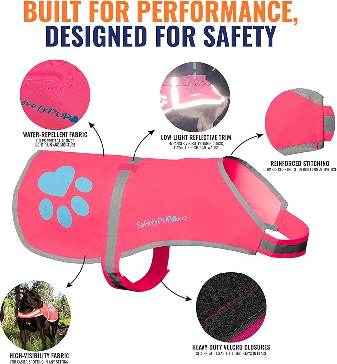 SafetyPUP XD Dog Reflective Vest – Hi-Vis Fluorescent Visibility That Helps to Safeguard Your Pet On/Off Leash in Urban & Rural Areas (Pink, Large)