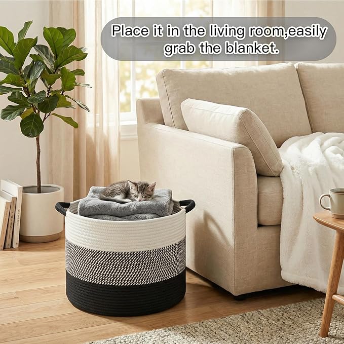 40L Large Cotton Rope Basket, Decorative Woven Blanket Storage for Living Room, Boho Toy Storage & Toy Box for Kids, Versatile Laundry Basket & Nursery Hamper for Blankets(Black)