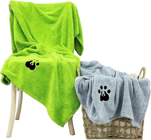 Extra Large Dog Towel - Pack of 2 - Super Absorbent Soft Microfiber Pet Bath Grooming Towels for Drying Dogs and Other Pets (XL-55" * 36", Green and Gery)