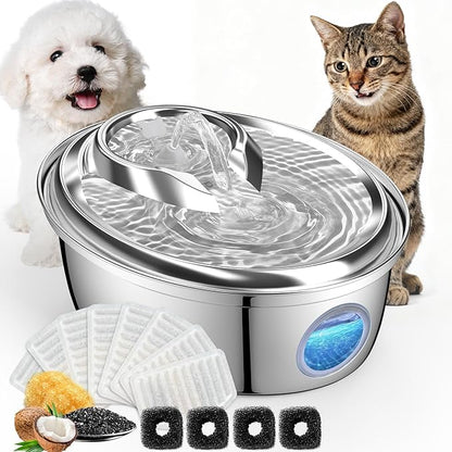 ORSDA Stainless Steel Cat Water Fountain, 100oz/3L Automatic Pet Drinking Fountain, Dog Water Dispenser Bowl with LED Window for Cats and Small & Medium Dogs- 12Pcs Filters（ D66