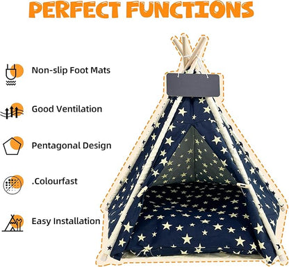 Pet Teepee Dog & Puppy Cat Tents Tipi Bed Portable Houses with Thick Cushion for Pets Up to 66lbs-Blue-M