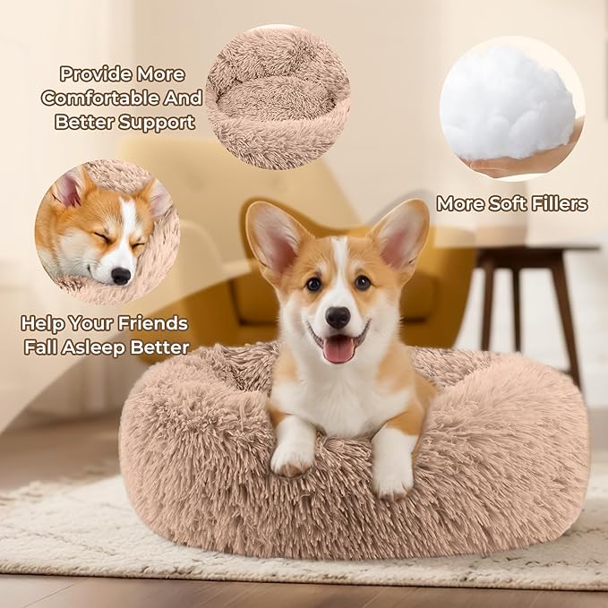Calming Anti-Anxiety Donuts Dog And Cat Bed, Round Fluffy Soft Washable Small Medium Pet Bed For Puppy & Kitten, Cuddler Warming Comfortable Cushion, Luxury Anti-Slip Waterproof Mute Base 20in (Camel)