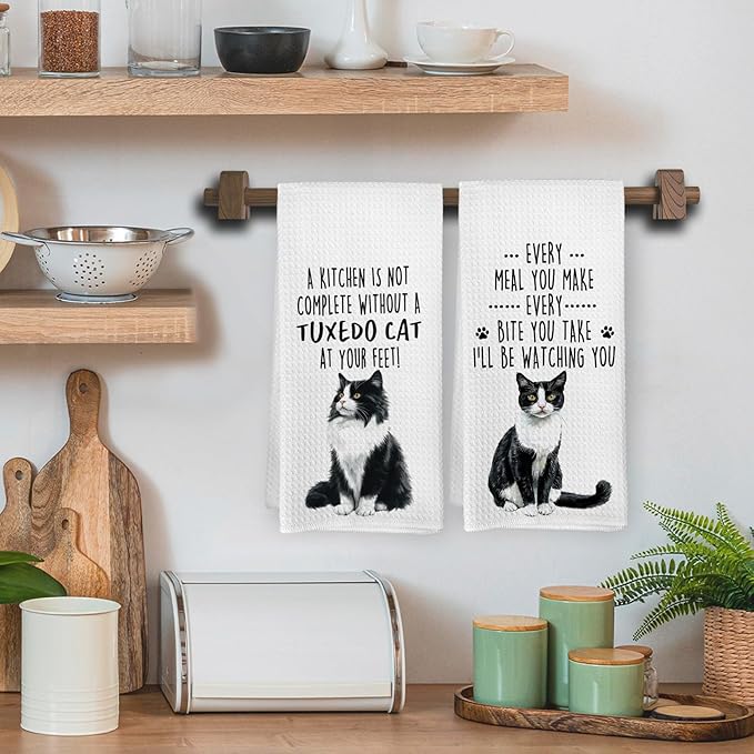Funny Tuxedo Cat Kitchen Towels, Tuxedo Cat Mom Lady Lovers Gifts for Women Hand Towels, Gifts for Pet Lovers Dishcloths Dish Towel for Kitchen 16x24 Inches Set of 2