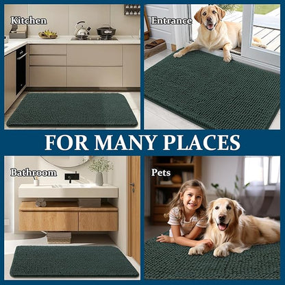 OLANLY Dog Door Mat for Muddy Paws 70x24, Absorbs Moisture and Dirt, Absorbent Non-Slip Washable Doormat, Quick Dry Chenille Mud Mat, Entry Indoor Entryway Carpet for Inside Floor, Blackish Green