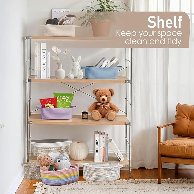 Woven Basket,Small Rope Storage Bin with Handles & Ribbon Bag, Organizer for Shelves Closets,Gift Basket Empty for Birthday,Books,Dog Toys,Beige/2 Pack