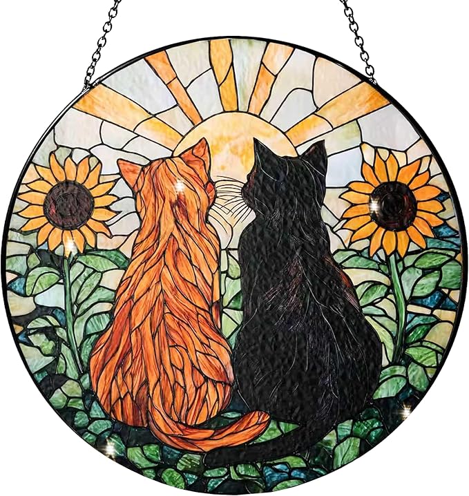 Cat Decorative Stained Glass Window Hanging Suncatcher Decoration - 7.87 Inch, Yellow Fur Black Cat Sunflower Decoration, Yard Decorations for Women, Friends and Family