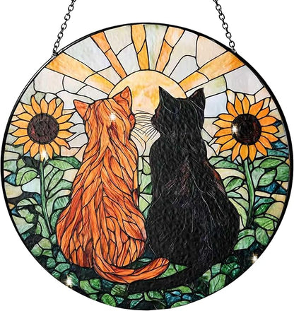 Cat Decorative Stained Glass Window Hanging Suncatcher Decoration - 7.87 Inch, Yellow Fur Black Cat Sunflower Decoration, Yard Decorations for Women, Friends and Family