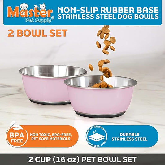 Master Pet Supply Stainless Steel Dog Bowls Set of 2 (16 Oz Each) with Non-Slip Rubber Base - Rose Quartz - Basic Dog Food Bowl Water & Food Bowls for Small Medium Large Dogs & Cats, Metal Dish