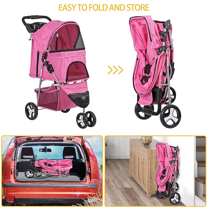 LEMY Foldable Pet Stroller,3 Wheels Cat/Dog Stroller with Weather Cover for Small/Medium Dogs and Cats,Pink Pet Strolling Cart with Storage Basket and Cup Holder