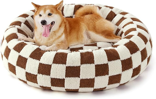 LE SURE Shown on TV Donut Large Dog Bed - Round Cat Beds Indoor Anti-Anxiety Calming Present for Pets, Washable Cute Modern Beds with Jacquard Shaggy Plush & Anti Slip Bottom, 36 Inch, Brown