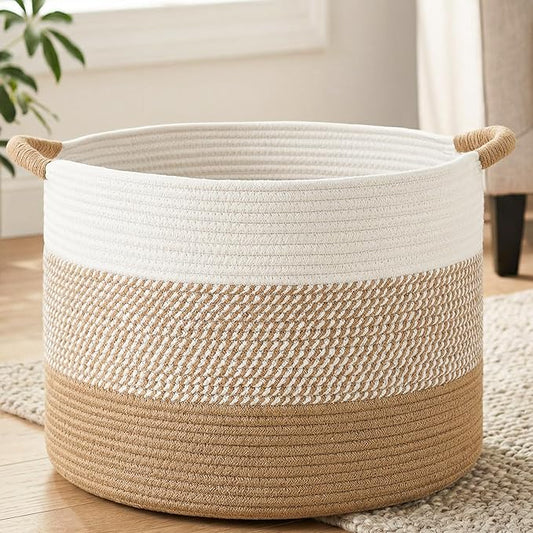 40L Large Cotton Rope Basket, Decorative Woven Blanket Storage for Living Room, Boho Toy Storage & Toy Box for Kids, Versatile Laundry Basket & Nursery Hamper for Blankets(Brown)