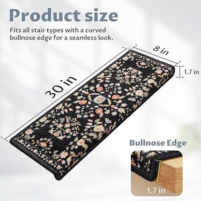 RORA Bullnose Carpet Stair Treads Non-Slip Stair Treads for Wooden Steps,Washable Stair Carpet,Floral Stair Rugs,Runner Indoor Stair Mats for Pets Elder,7pcs,29.5 ''x9.5 ”x1.5 '',Black