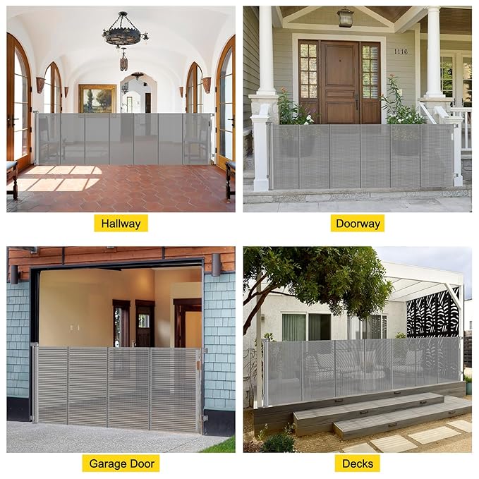 Reinforced 42” Tall x 100” Wide Retractable Baby Gates Extra Tall Dog Gate with Rods to Prevent Crawling Through, Pet Gate for Large Openings Extra Wide Mesh Baby Gate for Stairs, Gray