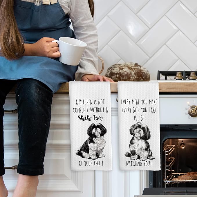 Shih Tzu Dog Kitchen Towels Set of 2, Funny Dog Kitchen Decor, Dogs Gifts for Women Men Hand Towel, Pet Owner Gift Decorative Tea Towels Dish Towel 16x24 Inch