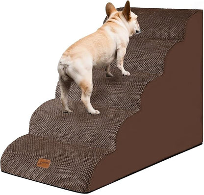 GoGoBunny Ramp Dog Stairs for High Beds 24.4" H, 5-Step Extra Wide Dog Slope Stairs with Durable Waterproof Fabric Cover, Pet Steps for Old Large Dogs Climbing, Non-Slip Sturdy Indoor Step, Brown