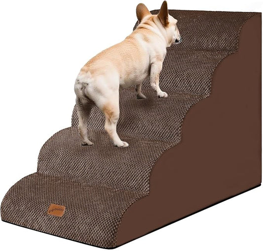 GoGoBunny Ramp Dog Stairs for High Beds 24.4" H, 5-Step Extra Wide Dog Slope Stairs with Durable Waterproof Fabric Cover, Pet Steps for Old Large Dogs Climbing, Non-Slip Sturdy Indoor Step, Brown
