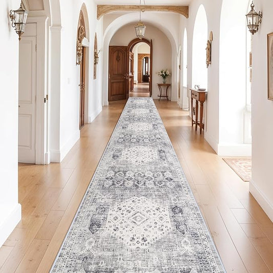 Washable 3x16 Runner Rug for Hallway - Vintage Long Kitchen Carpets with Non Slip Backing Indoor Ultra Soft Stain Resistant Rugs for Living Room Bedroom Home Decor Floor Mat for Bathroom 3x16 Grey
