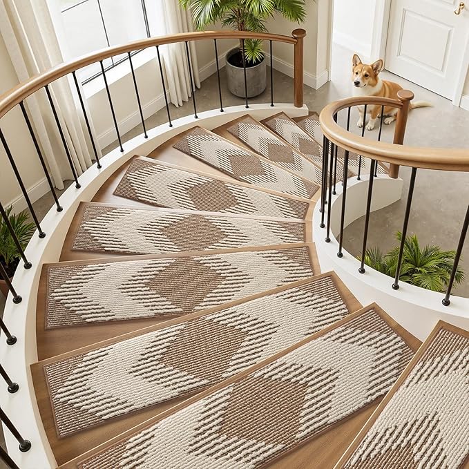 PADOOR 7PC Stair-Treads Non Slip, 3D Peel and Stick Stair Treads for Wooden Steps Indoor, Stair-Carpet Treads Washable Reusable Adhesive Stair-Runner Rugs for Kids and Dogs 8"x30" Brown