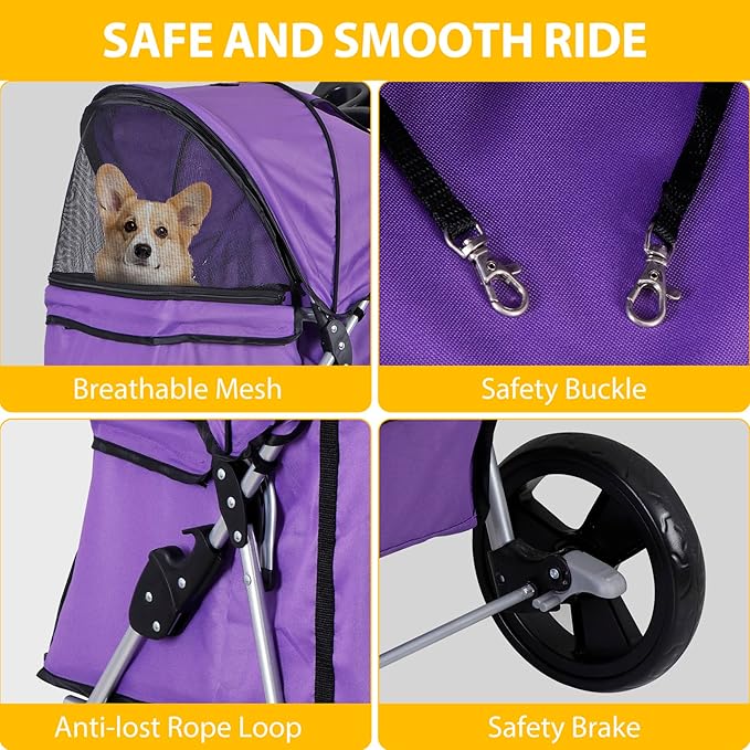 LEMY Pet Stroller,4 Wheels Dog Cat Stroller with Storage Basket&Cup Holder,Folding Dog Cat Cage Jogger Strollers for Small Medium Dogs Cats Travel,Purple