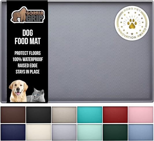 GORILLA GRIP 100% Waterproof Raised Edge BPA Free Silicone Pet Feeding Mat, Dog Cat Food Mats Contain Spills Protects Floors, Placemats for Cats and Dogs Water Bowl, Pets Accessories 23x15 Gray