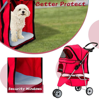 Pet Stroller for Small Medium Dogs & Cats,3-Wheel Breathable Compact Foldable Dog Carrier with Storage Basket, Outdoor Portable Lightweight Travel Stroller for Camping,Red