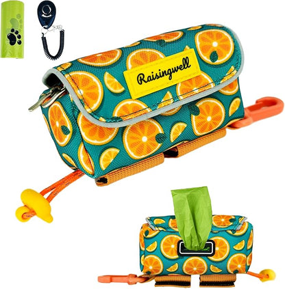 Dog Treat and Poop Bag Holder for Leash, 2 Waterproof Zipper Pouches for Pet Walking Accessories, with Dispenser, Training Clicker and 1 Free Roll (Fruit Orange)