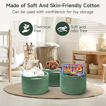 Small Rope Baskets for Storage, Baskets for Gifts Empty, Cute Round Woven Basket, Decorative Shelf Baskets 9.82×9.82×7.1", Cotton Toy Basket Storage Bins for Organizer 3 Packs Green